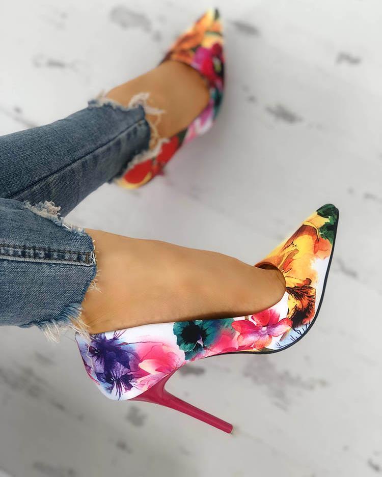 Floral Print Pointed Toe High heels