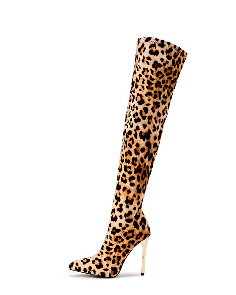 Womens Leopard Printed Point Toe Over The Knee Boots