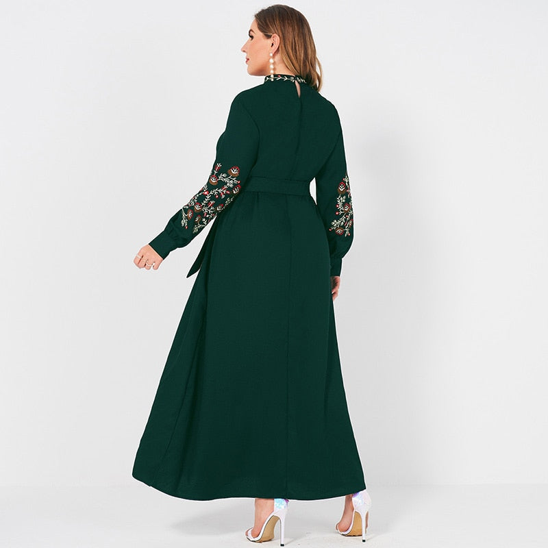 New Summer Dress Woman Plus Size Dark Green Resort Stand Collar Floral Embroidery Long Sleeve Loose Sashes Elegant Robes