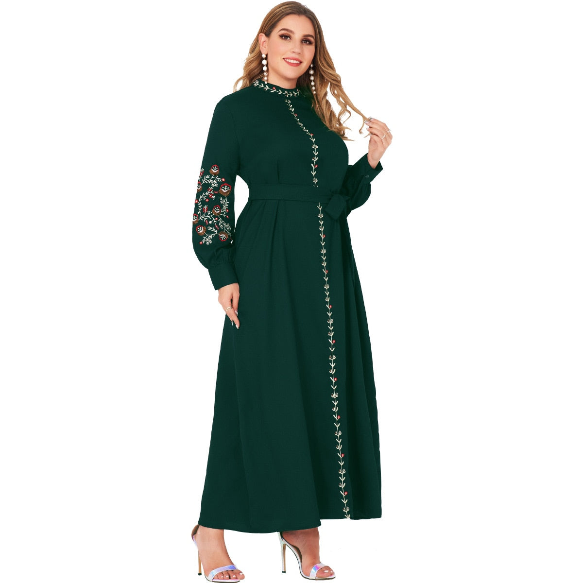 New Summer Dress Woman Plus Size Dark Green Resort Stand Collar Floral Embroidery Long Sleeve Loose Sashes Elegant Robes