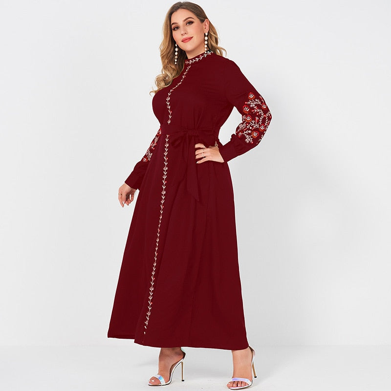 New Summer Dress Woman Plus Size Red Resort Small Stand Collar Floral Embroidery Long Sleeve Loose Sashes Elegant Robes