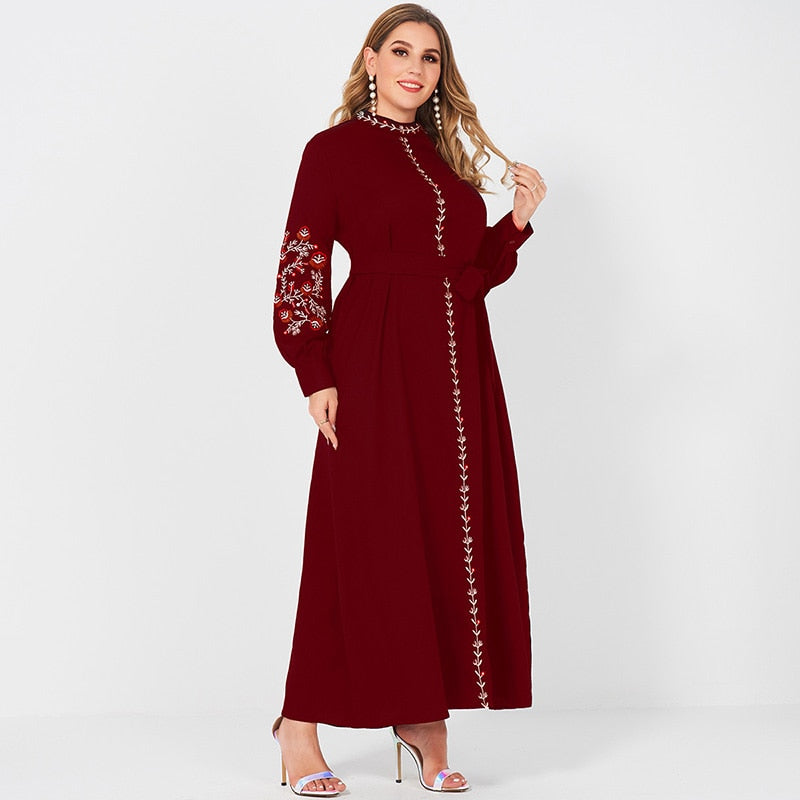 New Summer Dress Woman Plus Size Red Resort Small Stand Collar Floral Embroidery Long Sleeve Loose Sashes Elegant Robes