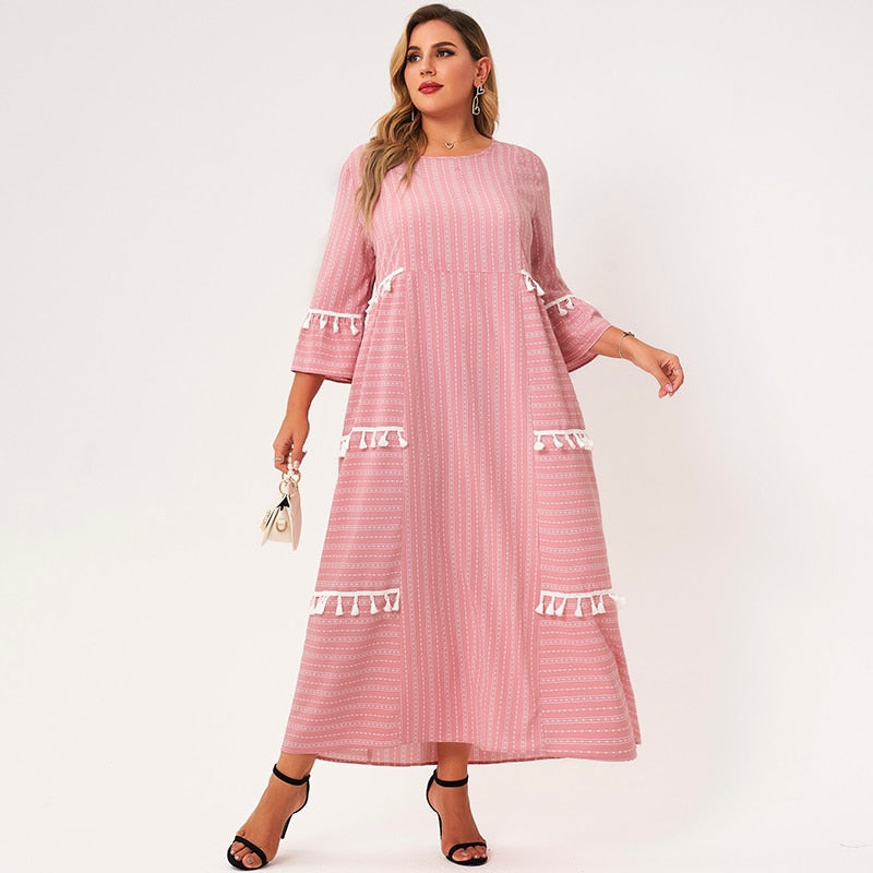 New Summer Dress Women Plus Size Pink Striped Stitching White Tassel O-neck Half Sleeves Loose Bohemian Sweet Maxi Dresses