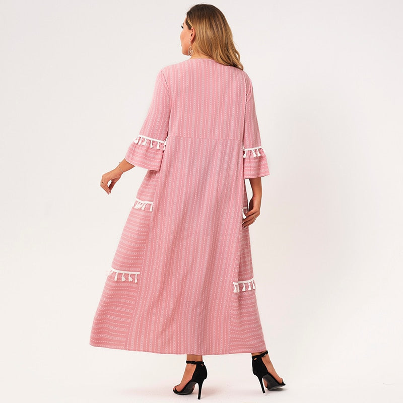 New Summer Dress Women Plus Size Pink Striped Stitching White Tassel O-neck Half Sleeves Loose Bohemian Sweet Maxi Dresses