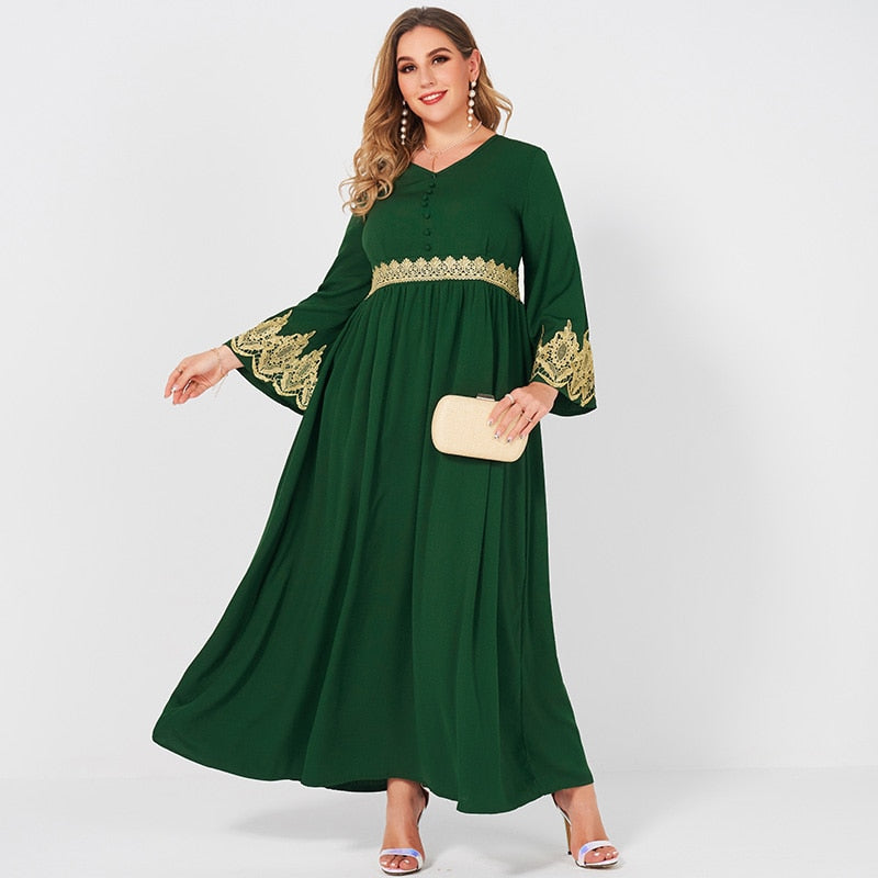 New Summer Maxi Dress Woman Plus Size Green Vintage V-neck Lace Stitching Long Banquet Elegant Flare 3/4 Sleeve Party Robes