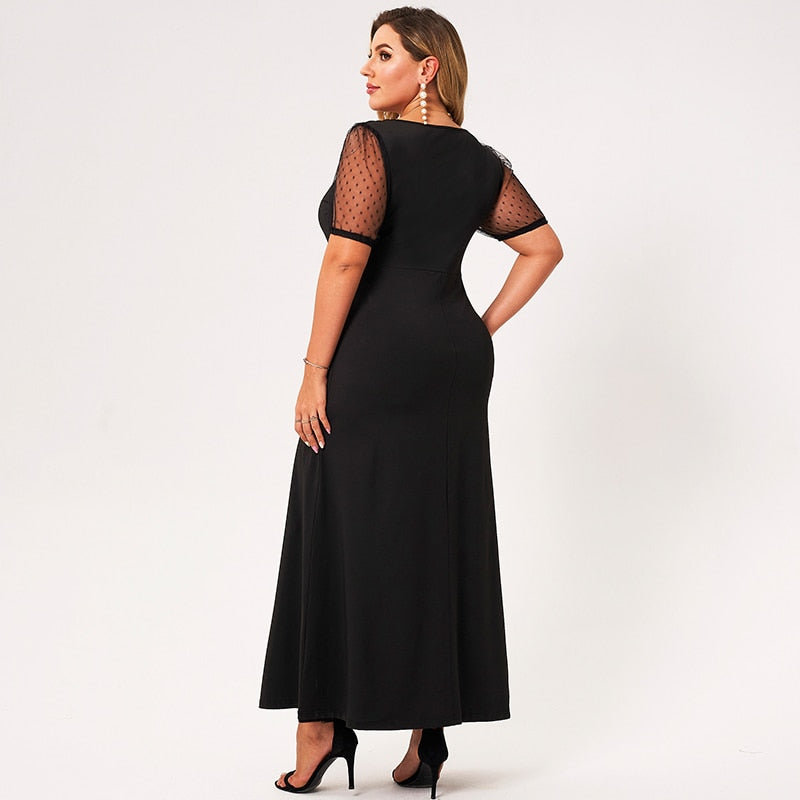 New Summer Maxi Dress Women Black Loose Lace Patchwork Puffy Short Sleeve V-neck Elegant Vintage High-waist Long Robes 4XL