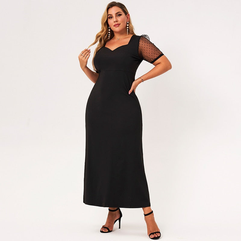 New Summer Maxi Dress Women Black Loose Lace Patchwork Puffy Short Sleeve V-neck Elegant Vintage High-waist Long Robes 4XL