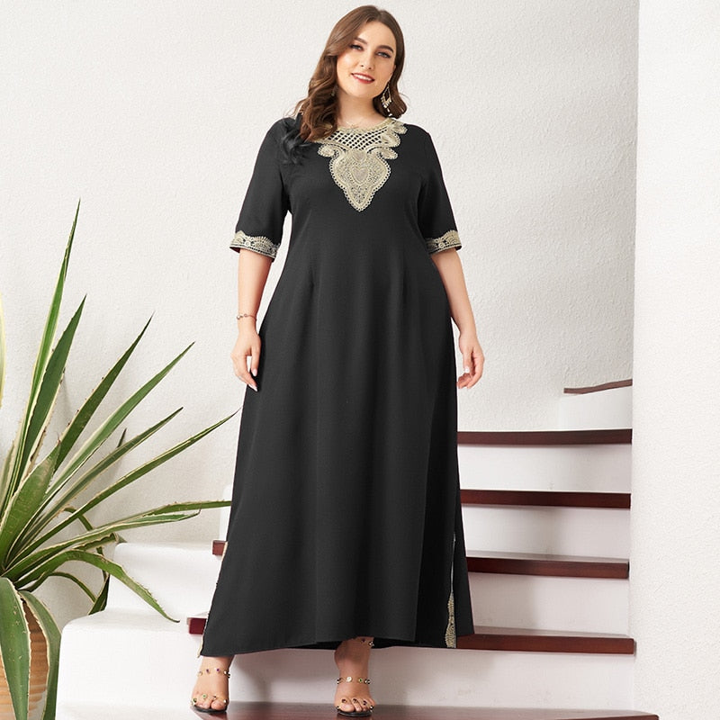 New Summer Maxi Dress Women Plus Size Black Vintage Lace Patchwork Split Hem Half Sleeve Party Prom Long Suelto Dresses 4XL