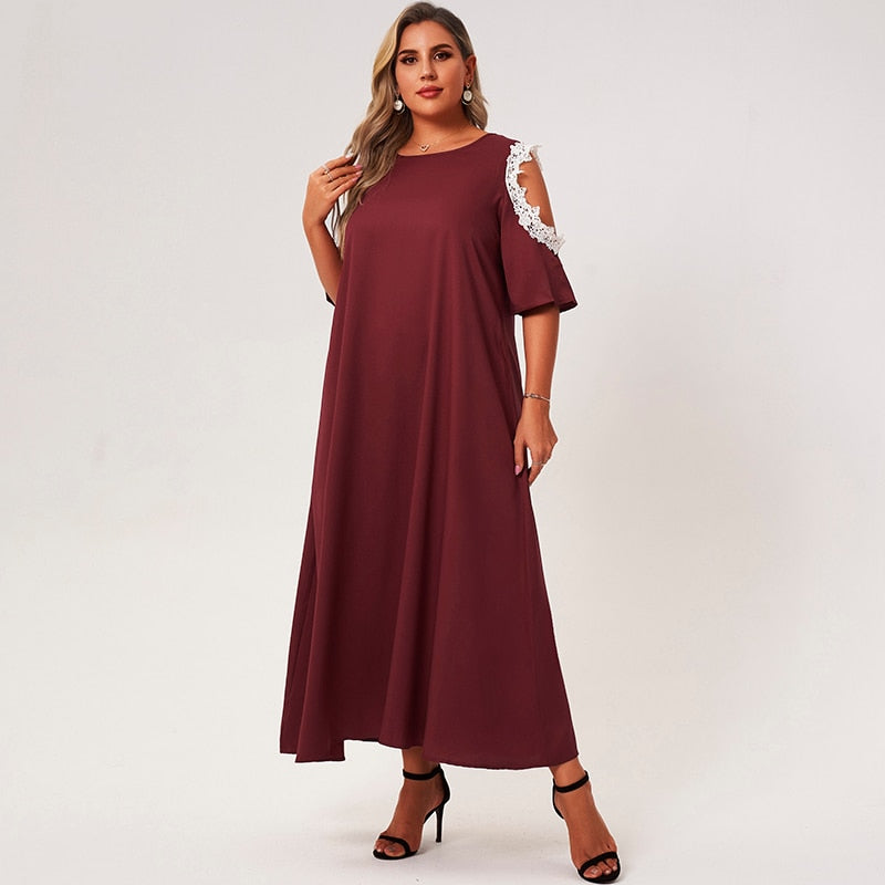 New Summer Maxi Dress Women Plus Size Red Solid Color Lace Petal Half Sleeve Loose Large Casual Long Robes Party Dresses