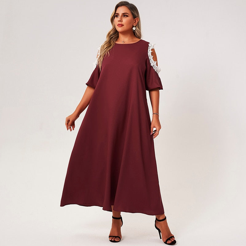 New Summer Maxi Dress Women Plus Size Red Solid Color Lace Petal Half Sleeve Loose Large Casual Long Robes Party Dresses