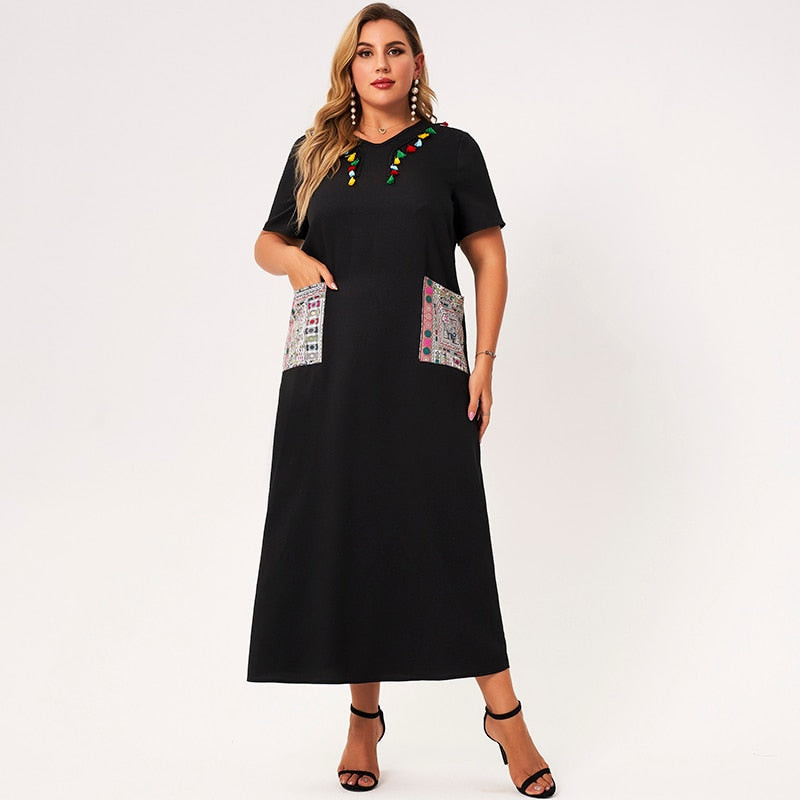 New Summer Midi Dress Women Plus Size Long Black Tassel Geometric Print Pockets Short Sleeve V-neck Boho Casual Party Robes
