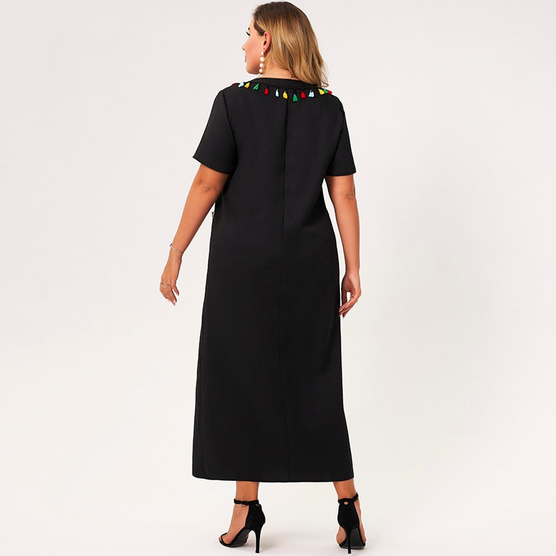 New Summer Midi Dress Women Plus Size Long Black Tassel Geometric Print Pockets Short Sleeve V-neck Boho Casual Party Robes