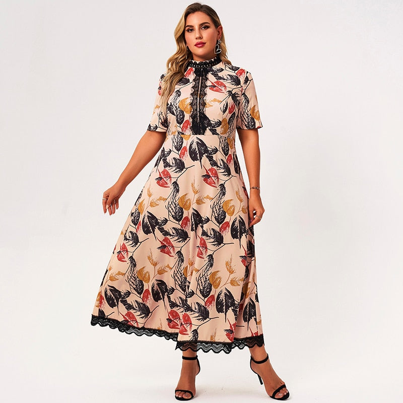 New Summer Midi Dress Women Plus Size Pink Loose Leaf Print Lace Patchwork Short Sleeve Large Size Holiday Elegant Robes