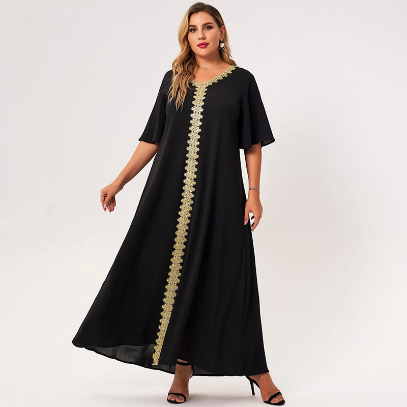New Summer Plus Size Dress Women Black Loose Embroidery Selvedge V-neck Ruffle Half Sleeve Elegant Vintage Party Robes 4XL
