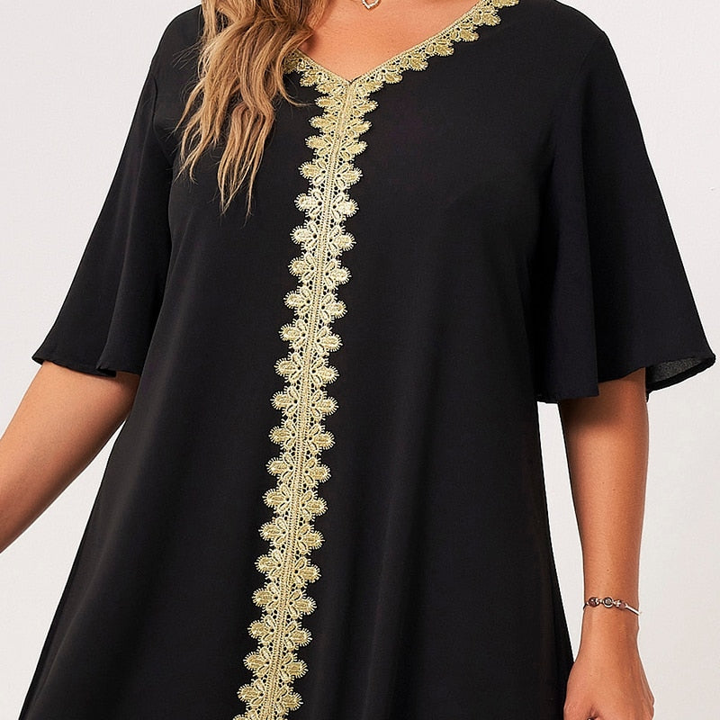 New Summer Plus Size Dress Women Black Loose Embroidery Selvedge V-neck Ruffle Half Sleeve Elegant Vintage Party Robes 4XL