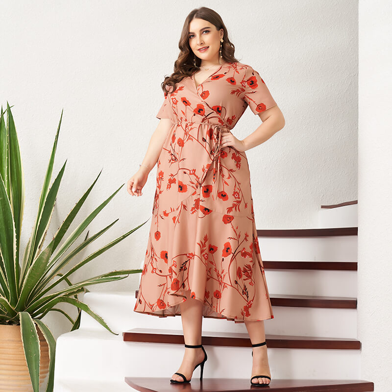 Sweet Summer Women's Maxi Dress Coral Red Casual Floral Print V-neck String Belt Short Sleeve Holiday Dresses Plus Size 4XL