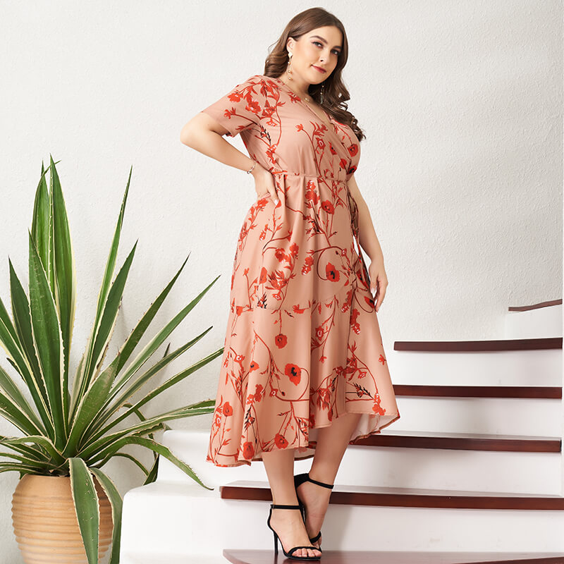 Sweet Summer Women's Maxi Dress Coral Red Casual Floral Print V-neck String Belt Short Sleeve Holiday Dresses Plus Size 4XL