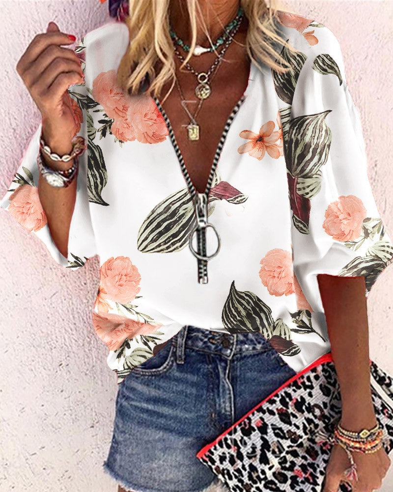 V-neck Long Sleeve Zipper Front Floral Print Casual Top