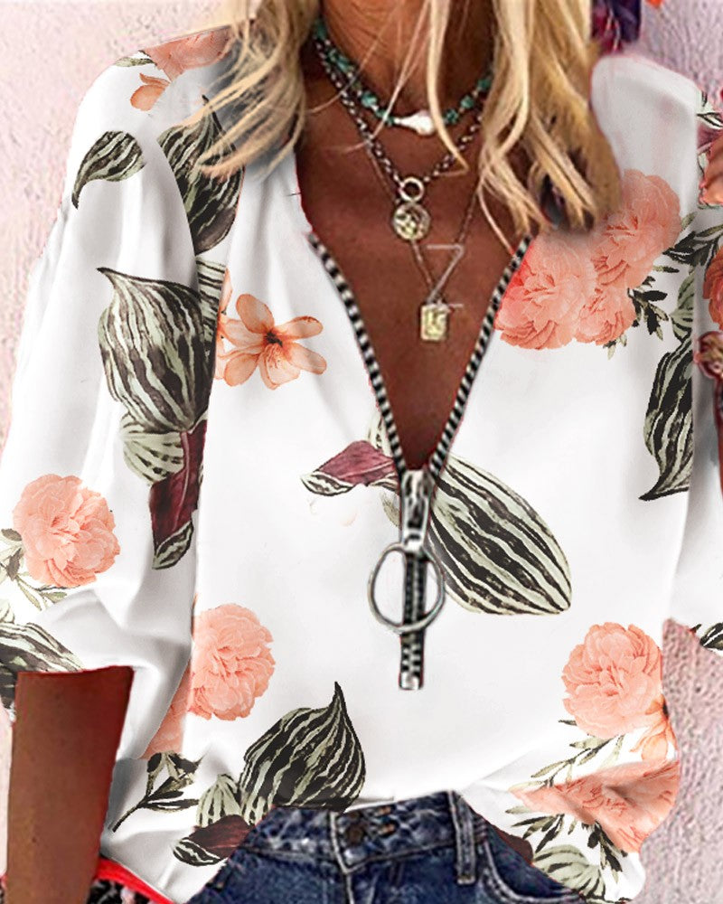V-neck Long Sleeve Zipper Front Floral Print Casual Top