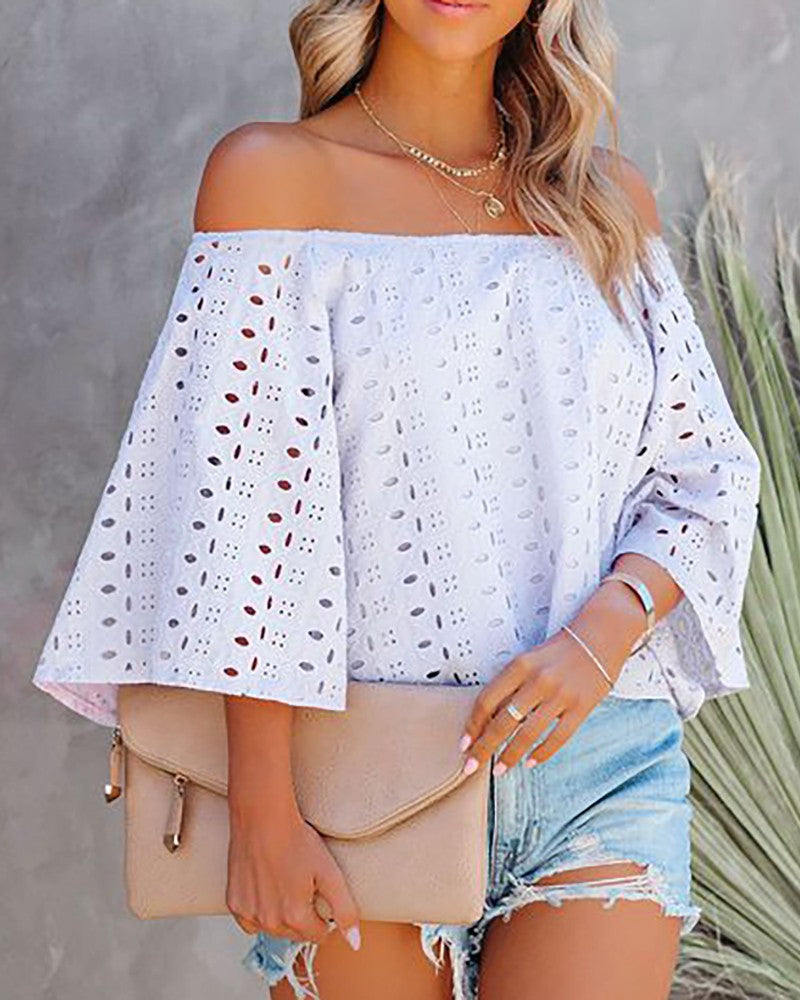Off Shoulder Bell Sleeve Eyelet Embroidery Top