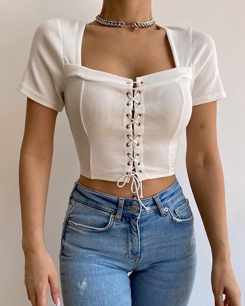 Eyelet Lace Up Square Neck Crop Top