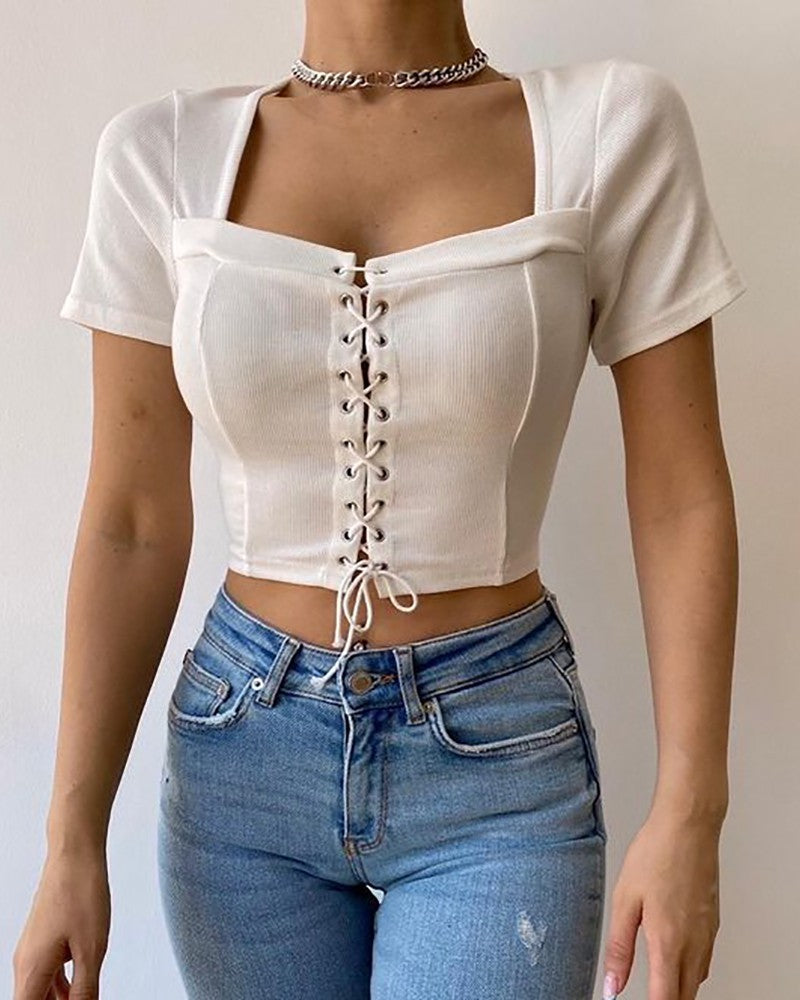 Eyelet Lace Up Square Neck Crop Top
