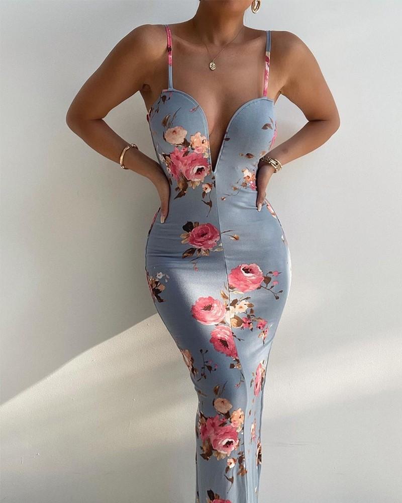 Floral Print Plunging Neck Bodycon Cami Dress