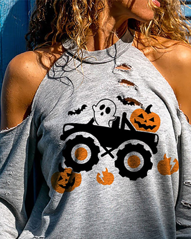 Halloween Cold Shoulder Pumpkin Ghost Print Cutout Top