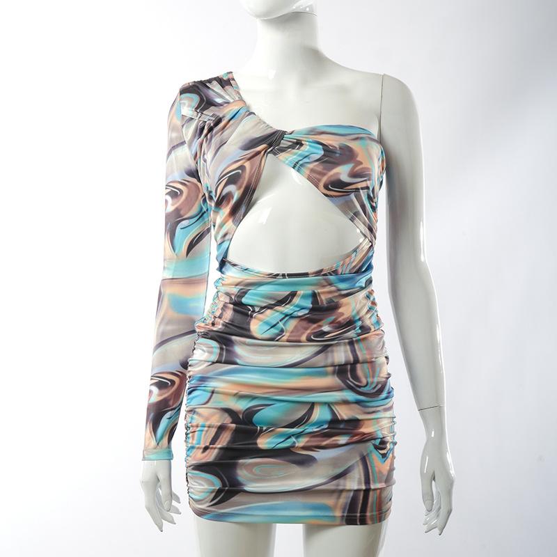 Sexy hollow out summer printed mini dress One shoulder bodycon