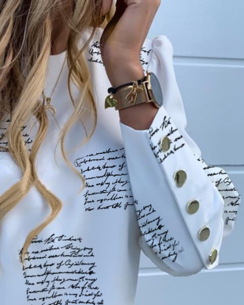 Letter Print Buttoned Long Sleeve Top