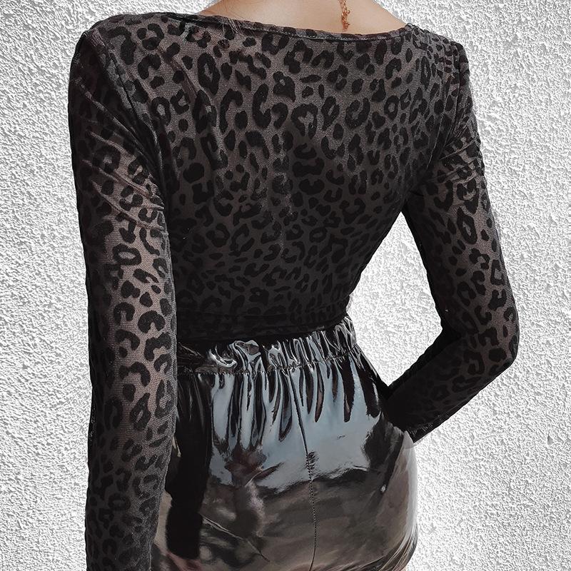 Leopard Animal Print Black Bodysuits Women Transparent Bodycon Long Sleeve