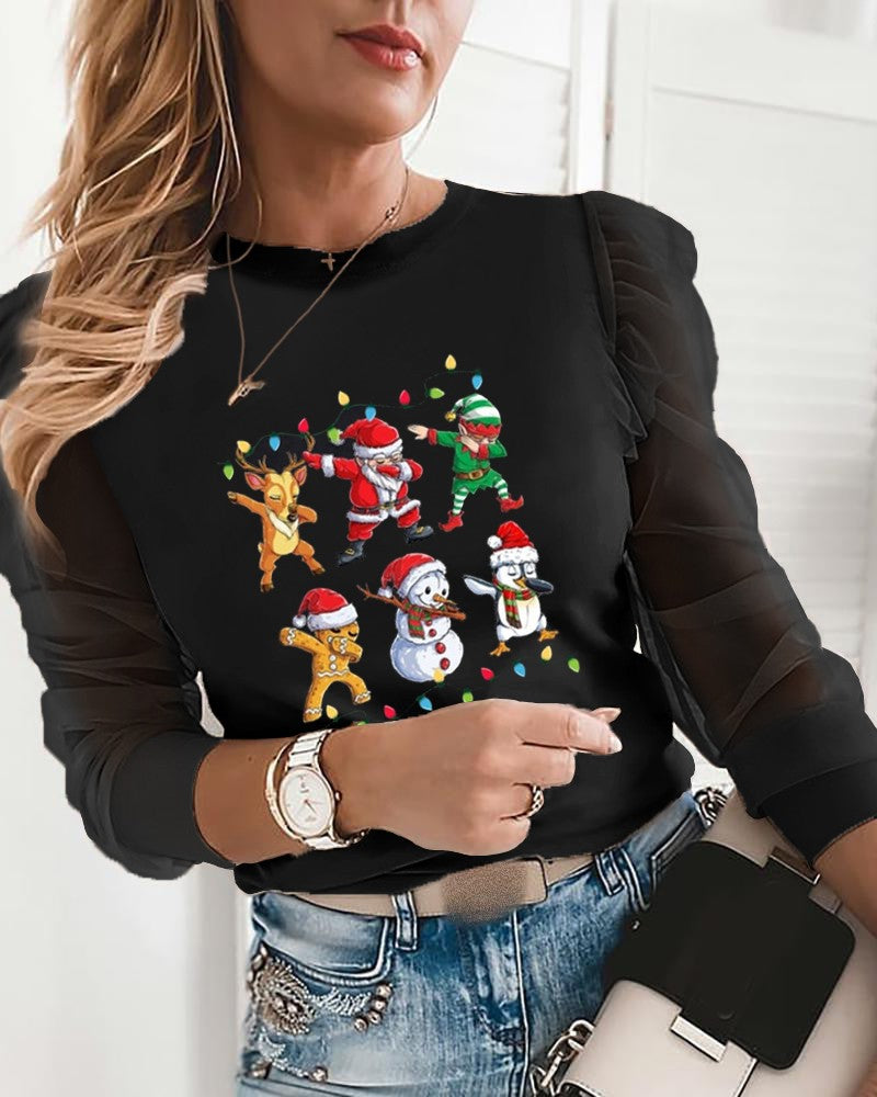 Christmas Santa Claus Print Puffed Sleeve Sheer Mesh Top