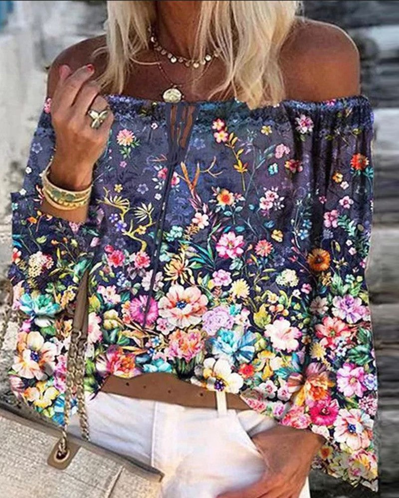 Off Shoulder Floral / Graphic / Butterfly Print Tie Front Top