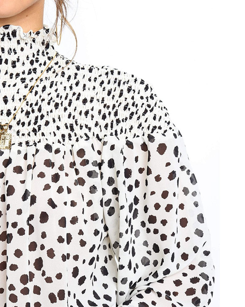 Leopard Print Lantern Sleeve Casual Blouse