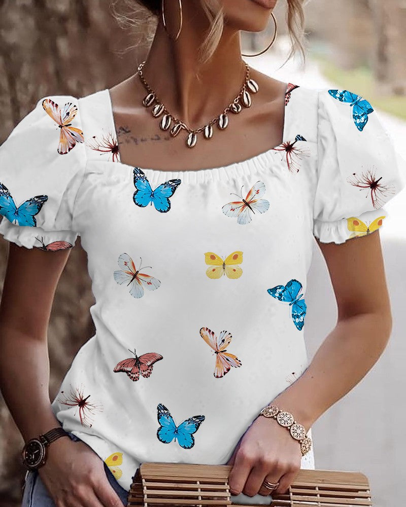 Square Neck Hollow-out Knot Back Bubble Sleeve Butterfly Print Blouse