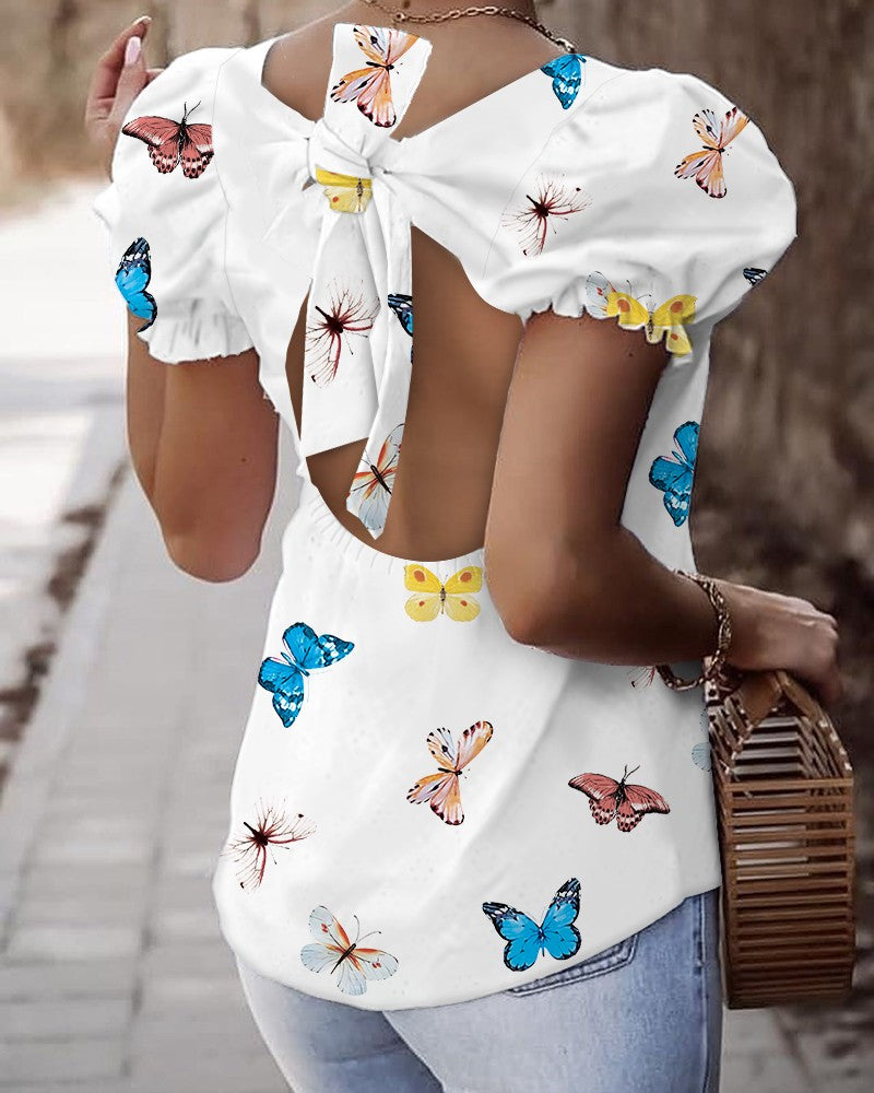 Square Neck Hollow-out Knot Back Bubble Sleeve Butterfly Print Blouse