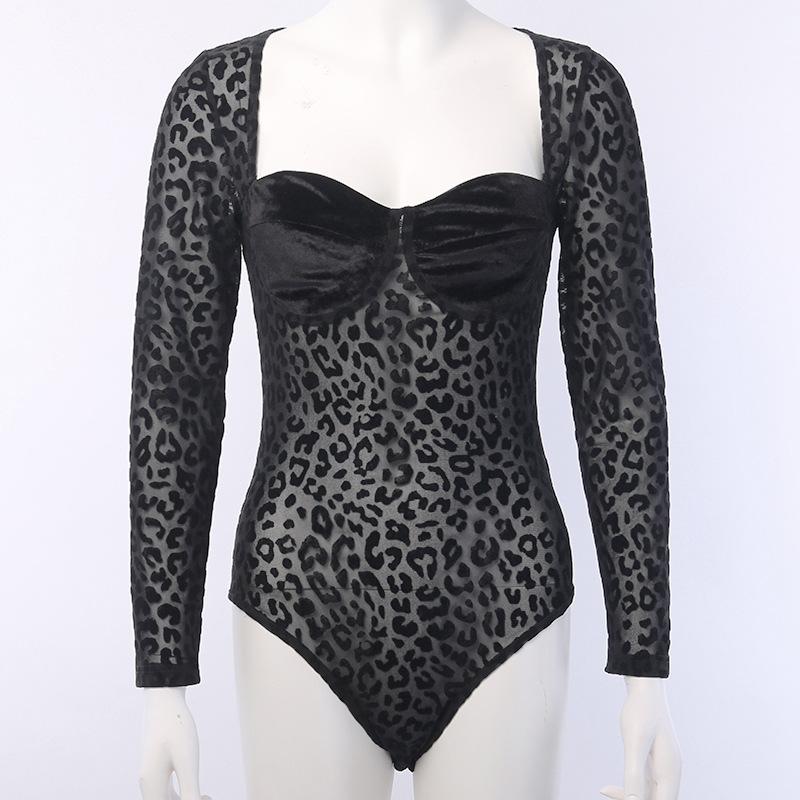 Leopard Animal Print Black Bodysuits Women Transparent Bodycon Long Sleeve