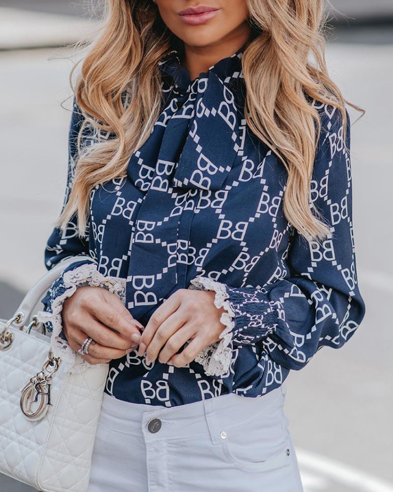 Print Lace Shirring Cuff Tied Neck Blouse
