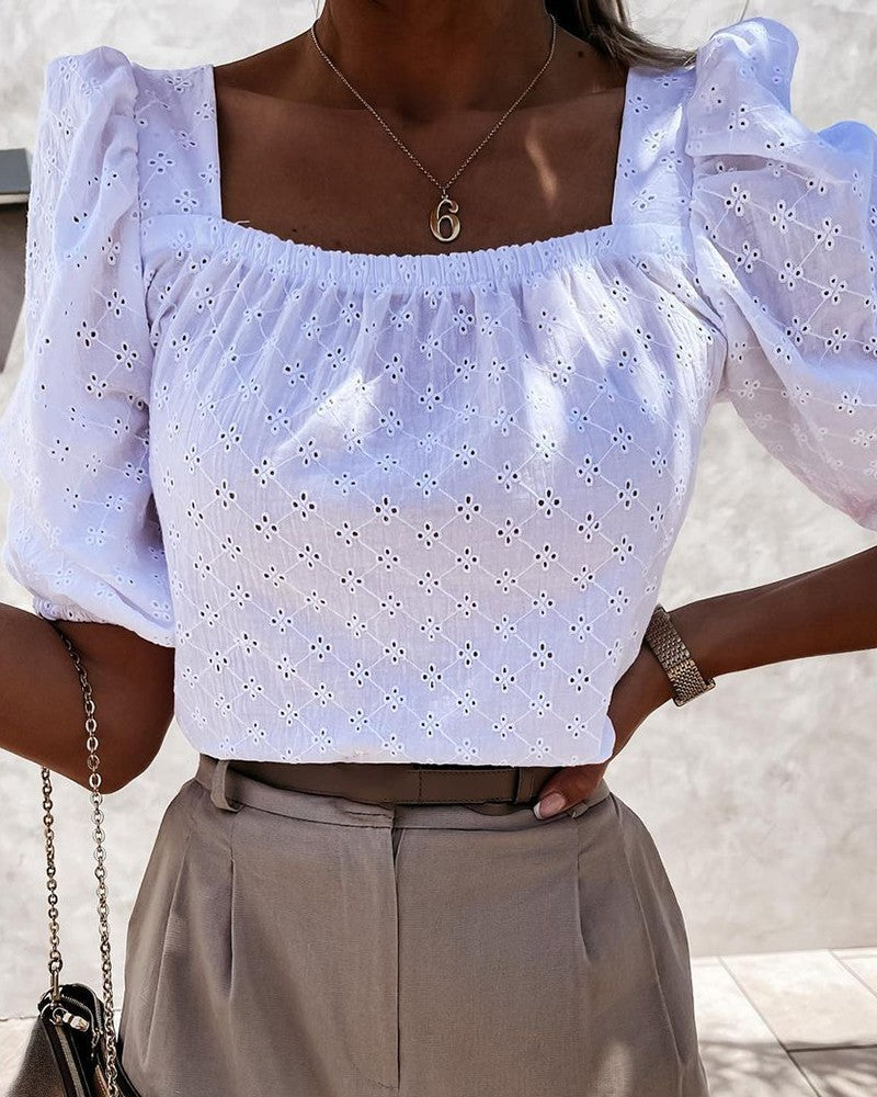Eyelet Embroidery Puff Sleeve Tied Back Top