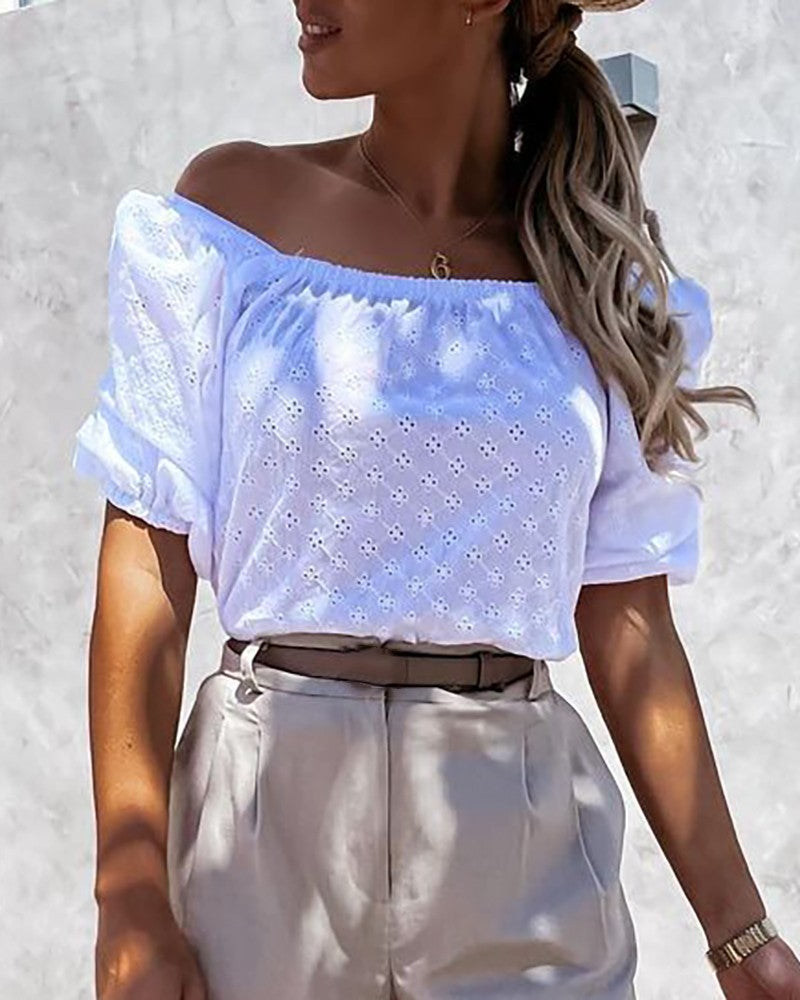 Eyelet Embroidery Puff Sleeve Tied Back Top