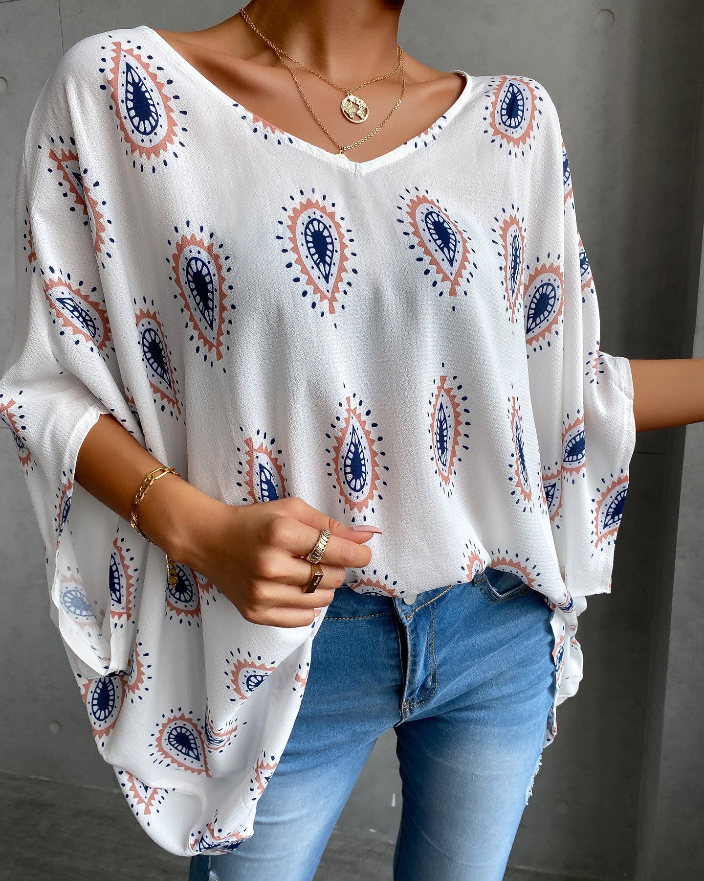 Print Batwing Sleeve Casual Blouse