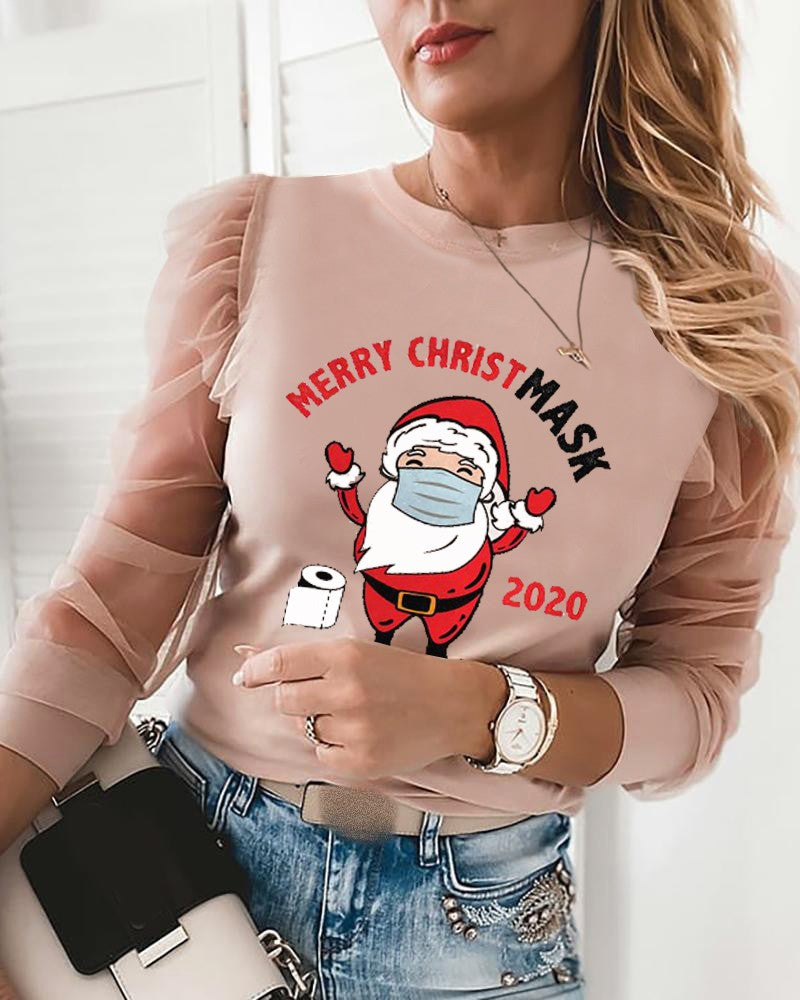 Christmas Santa Letter Print Mesh Puffed Sleeve Top