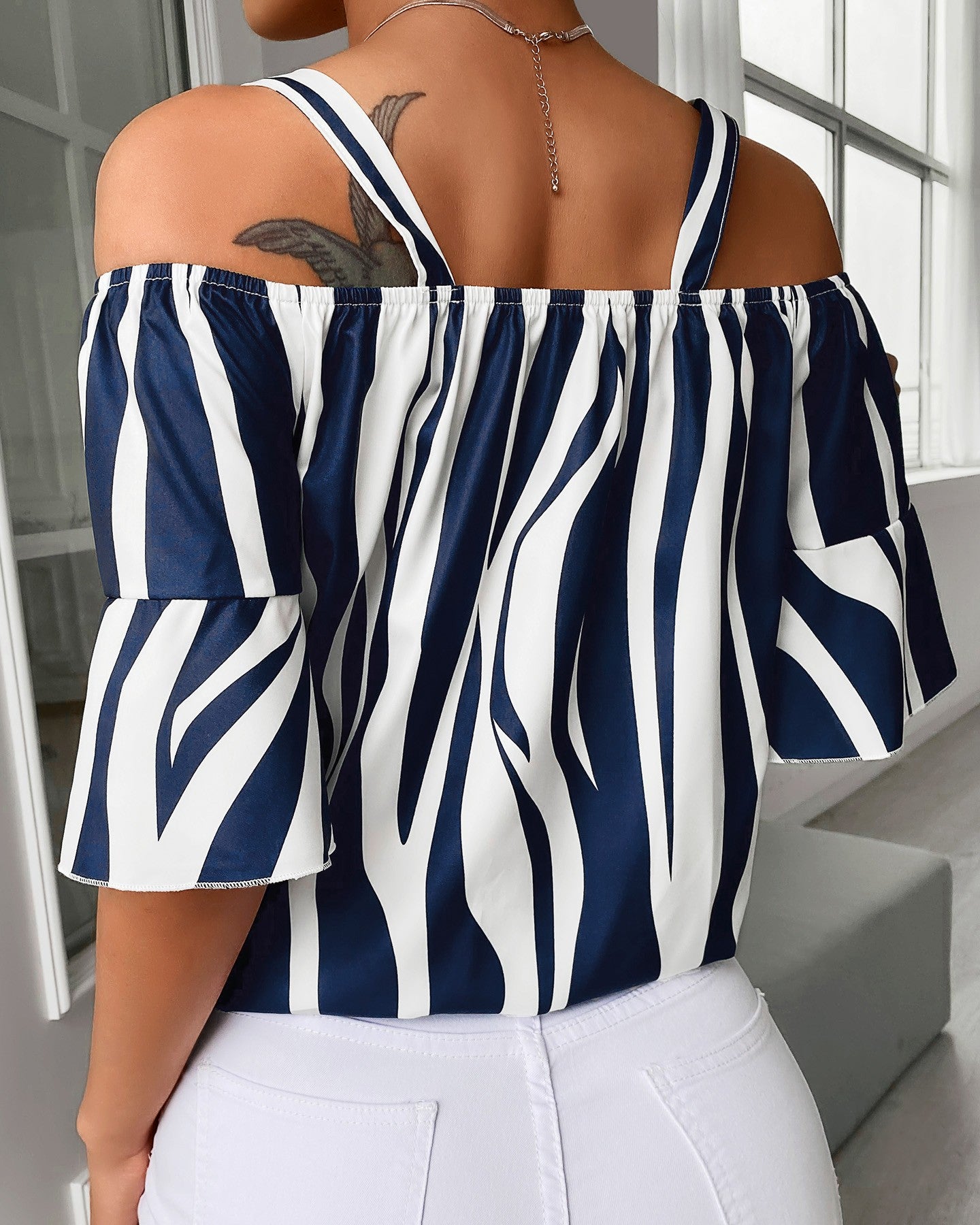 Zebra Stripe Print Cold Shoulder Bell Sleeve Top
