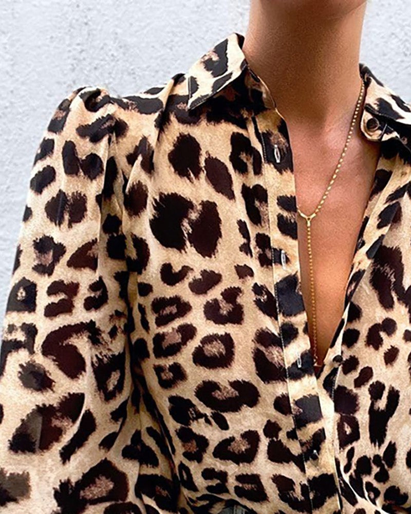 Cheetah Print Lantern Puff Sleeve Shirt