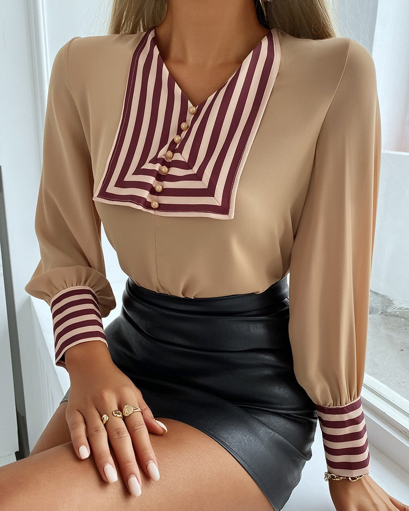 Striped Lantern Sleeve Button Front Top