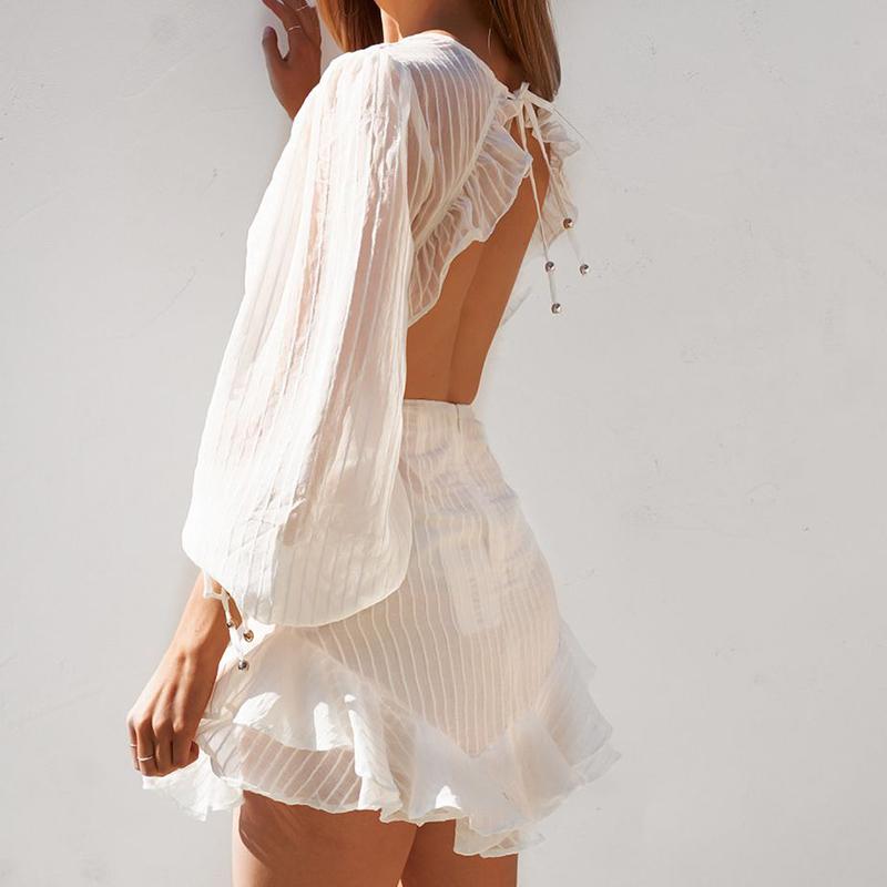 Sexy backless white mini dress Summer transparent ruffle