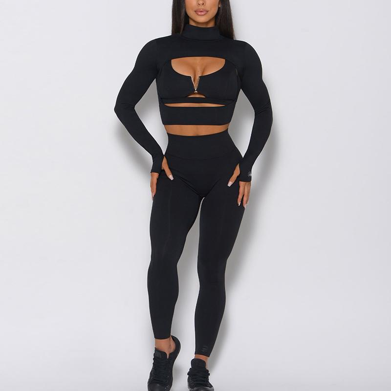 Black sexy 2 piece suits Bodycon hollow out cropped top and pants leggings