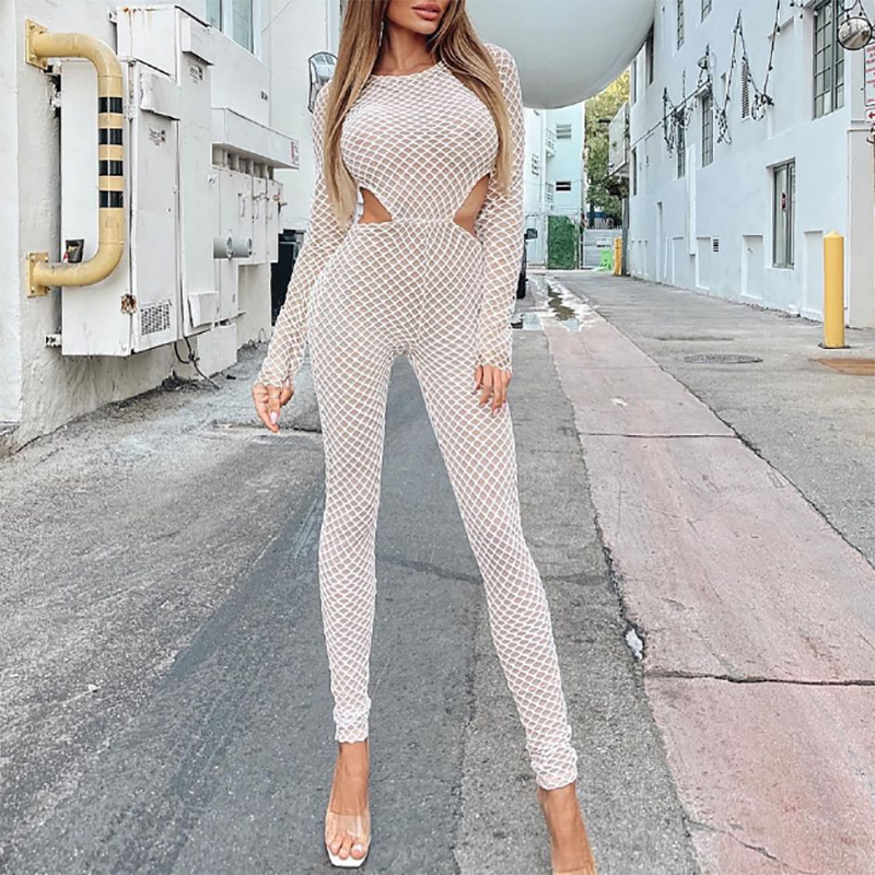 Sexy hollow out knitted slim jumpsuit Women bodycon fashion long playsuit