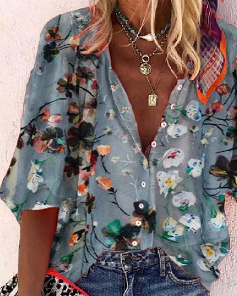 Buttom Front Floral Print Loose Half Sleeve Blouse
