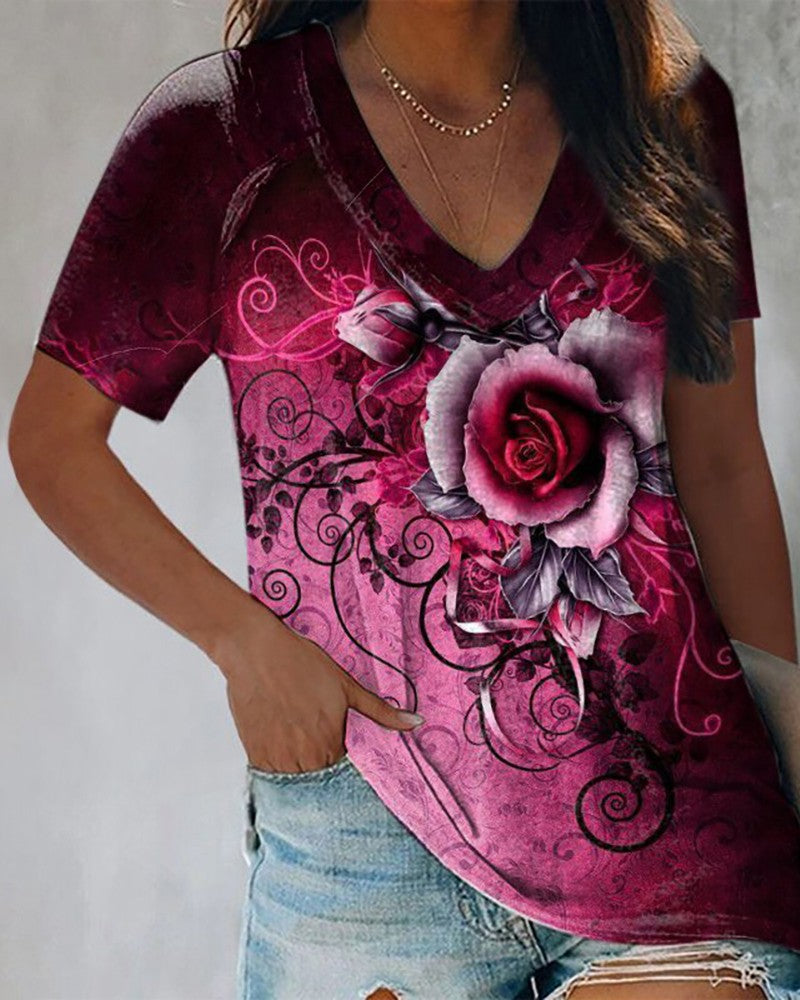 Floral Print V Neck Short Sleeve T- Shirt